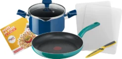 Chefclub By Tefal Pasta La Vista Kochgeschirr-Set | G804S4 | Pfanne 28 Cm, Kochtopf 20 Cm, Universalmesser, Schneidebretter, Rezeptheft Mit Leckeren Rezepten